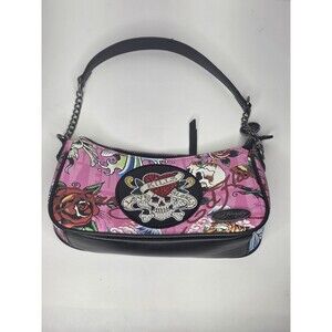 Ed Hardy Black Shoulder Bag Crossbody Logo Tattoo Print Small Pleather purse